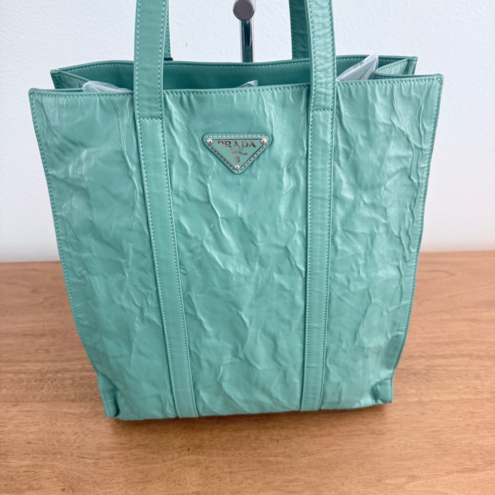 Prada 1BC459 Crinkled Leather Tote Bag Teal Green Shopper Triangle Logo - Picture 2 of 16